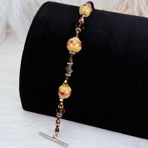 Vintage bohemian chic wood beaded bracelet with toggle clasp